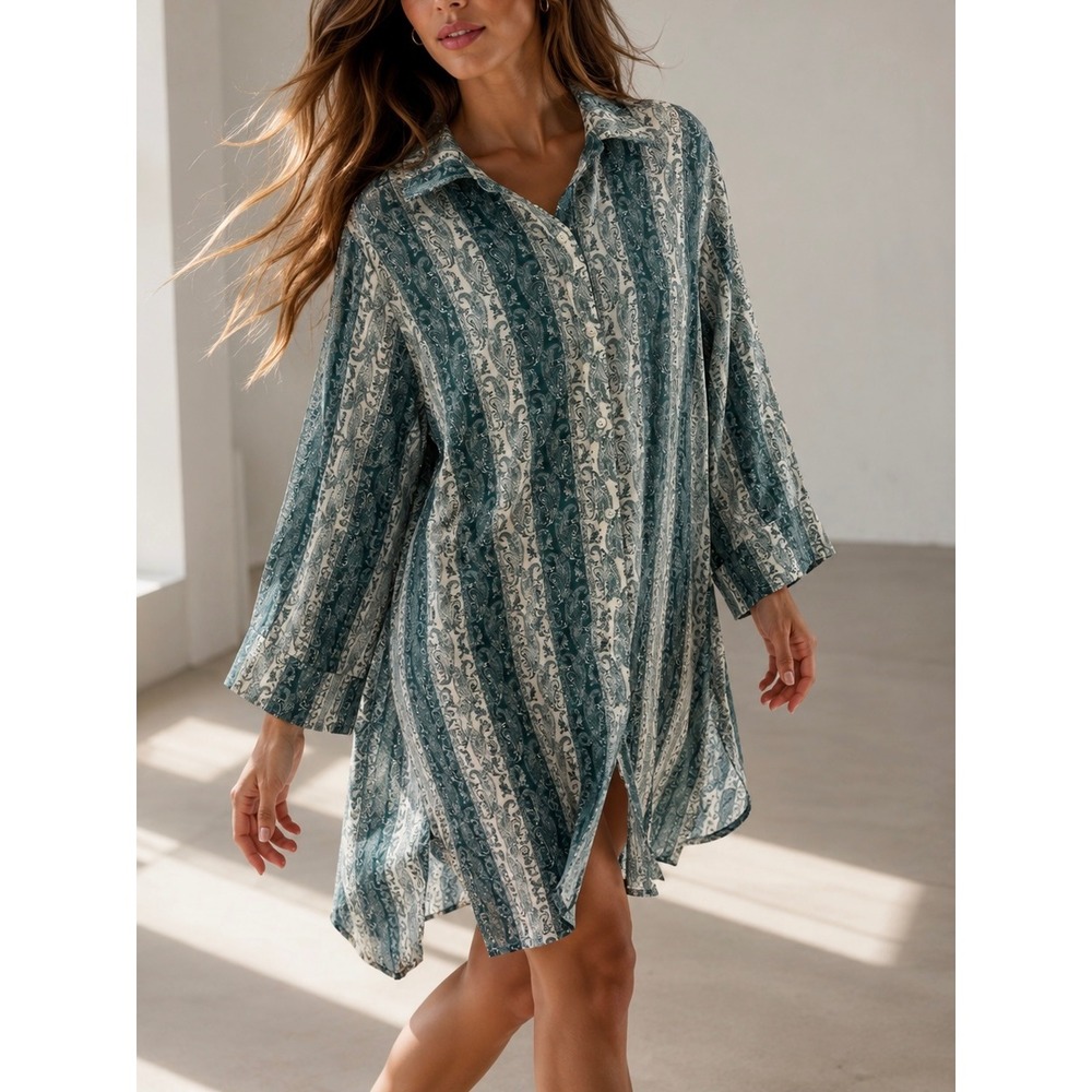 VICI‎ Teal Green Paisley Button Down Shirt Dress Tunic XL ACD70323D
